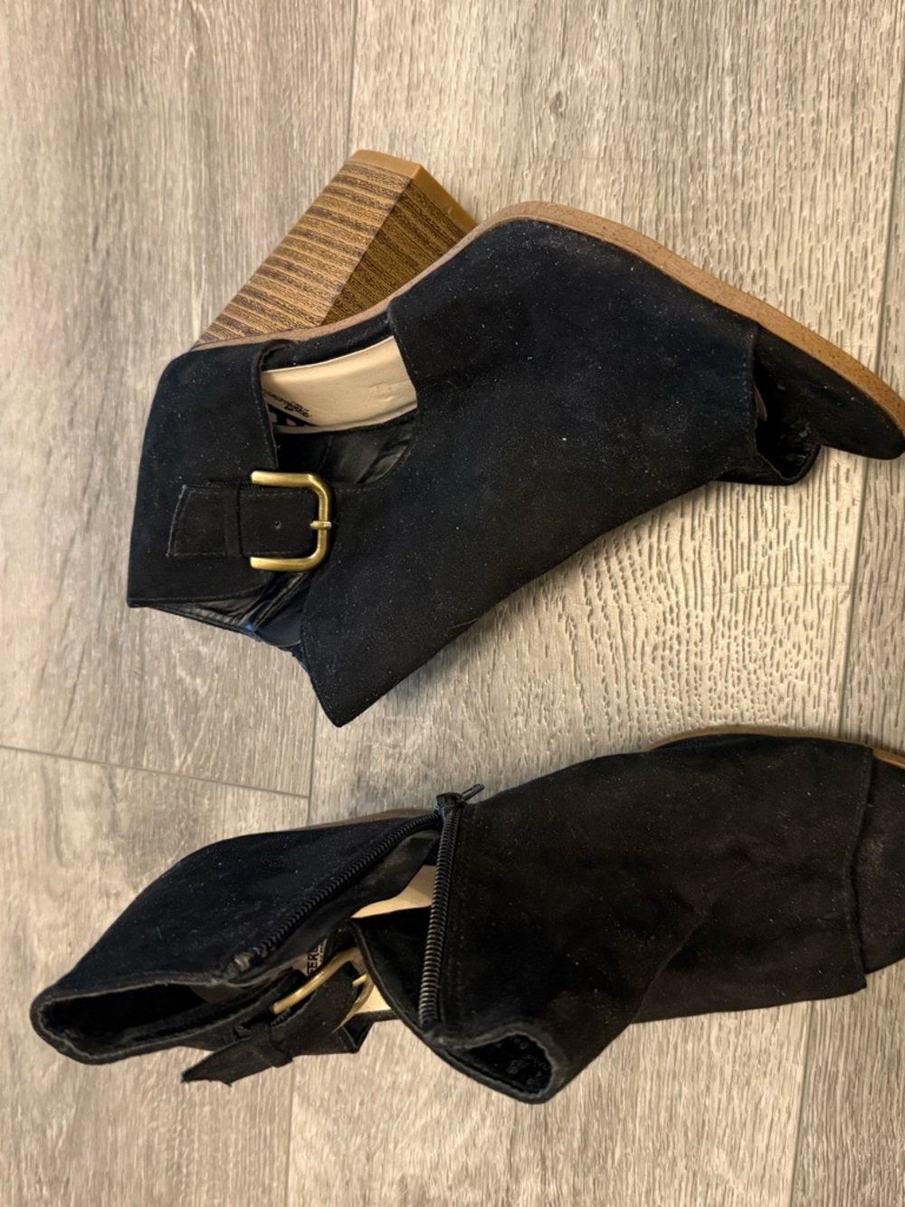 Fergalicious Black Suede Peep-Toe Ankle Boots with Stacked Wood Heel size 8.5
